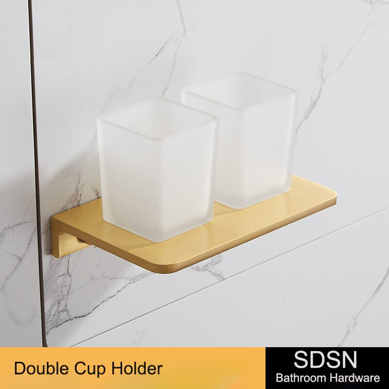 Juego de accesorios dorados para baño, toallero de aleación de aluminio de , trípode de almacenamiento de oro cepillado, estante cuadrado, juegos de accesorios para Baño: double cup holder