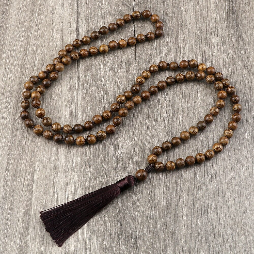 Collier de perles Mala Vintage 6 8 10mm, perles en bois originales pour hommes et femmes, colliers de méditation de Yoga avec pompon, bijoux bouddhistes de prière, 108: Rouge-brun