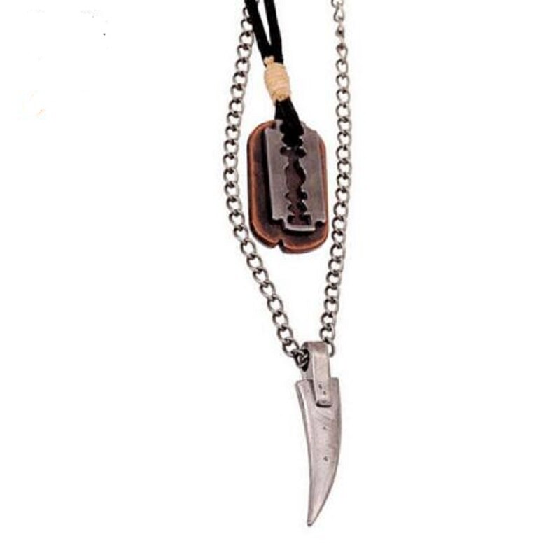 Vintage Mens Necklace Alloy Animal Wolf Tooth Razor Blade Pendants Necklace Multilayer Metal Chain Choker Male Punk Jewelry