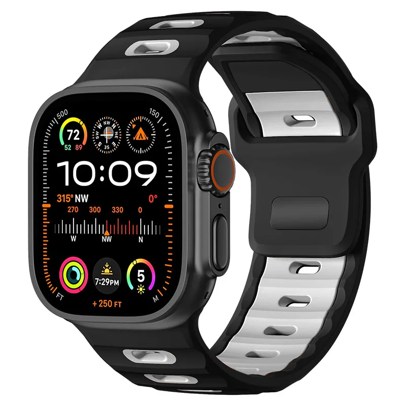 Bracelet en Silicone pour Bracelet de montre Apple 44mm 45mm 41mm 40mm 49mm 42mm 38mm, Bracelet Correa iWatch série Ultra 2 SE 10 9 8 7 6 5 4 3: Charbon noir / 22mm