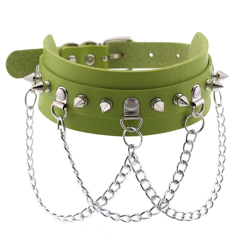 Collar gótico de cuero sintético con cadena, Gargantilla con pinchos, estilo punk: green