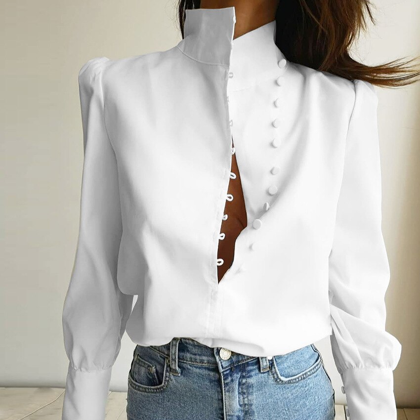 Blusa de cuello alto para mujer, camisa blanca de manga larga para oficina, Top informal liso con manga abombada, 2022