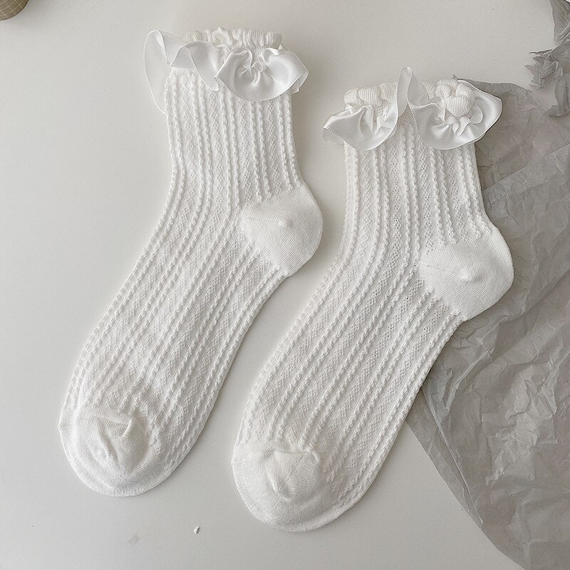 Lolita – chaussettes blanches en dentelle pour femmes, en coton, avec nœud en cœur, style JK: Ribbon