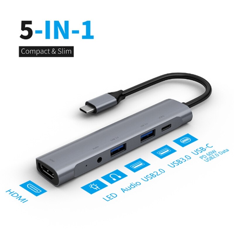 Aluminum USB-C Docking Station 5 In1 Type C Hub HDMI USB 2.0/USB 3.0 Audio 3.5mm Ports Expander Adapter For PC Laptop