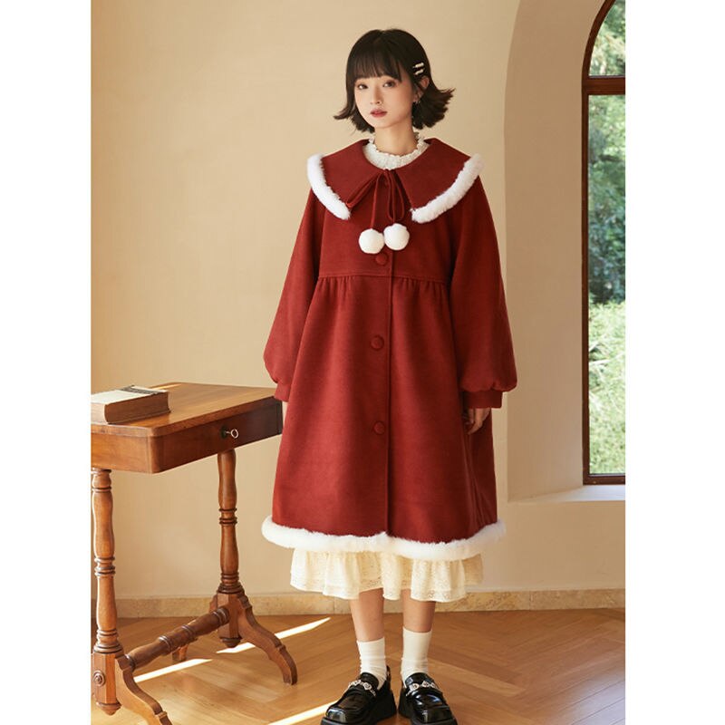 Winter Kawaii Wool Coat Women Patchwork Japanese Fur Sweet Warm Overcoat Female Korean Style Loose Trench Long Outwear Coat: S