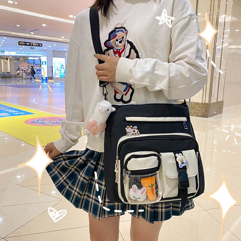 Ins Canvas Tas Grote Capaciteit Messenger Bag Vrouwelijke Multi-Pocket Koreaanse Harajuku Ulzzang Wilde College Student Klasse Tas