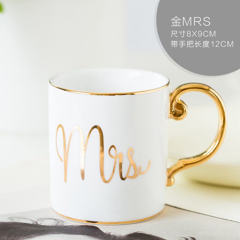 Tasse à café en porcelaine de 350ml, en céramique, couleurs grises, roses, Mr et Mrs, motif blanc, poignée dorée, tasses à thé et lait,: E Style