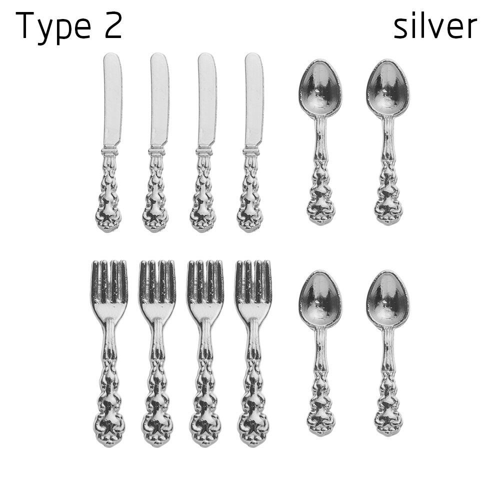 12Pcs Simulation Mini Cutlery Set Dollhouse Furniture 1:12 Scale Fork Knife Spoon Miniature Tableware Doll Accessories: Type 2 - silver