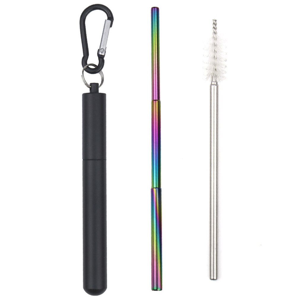 Reusable Stainless Steel Straws with Aluminium Keychain Case Cleaning Brush Collapsible Telescopic Portable Drinking Straws: black