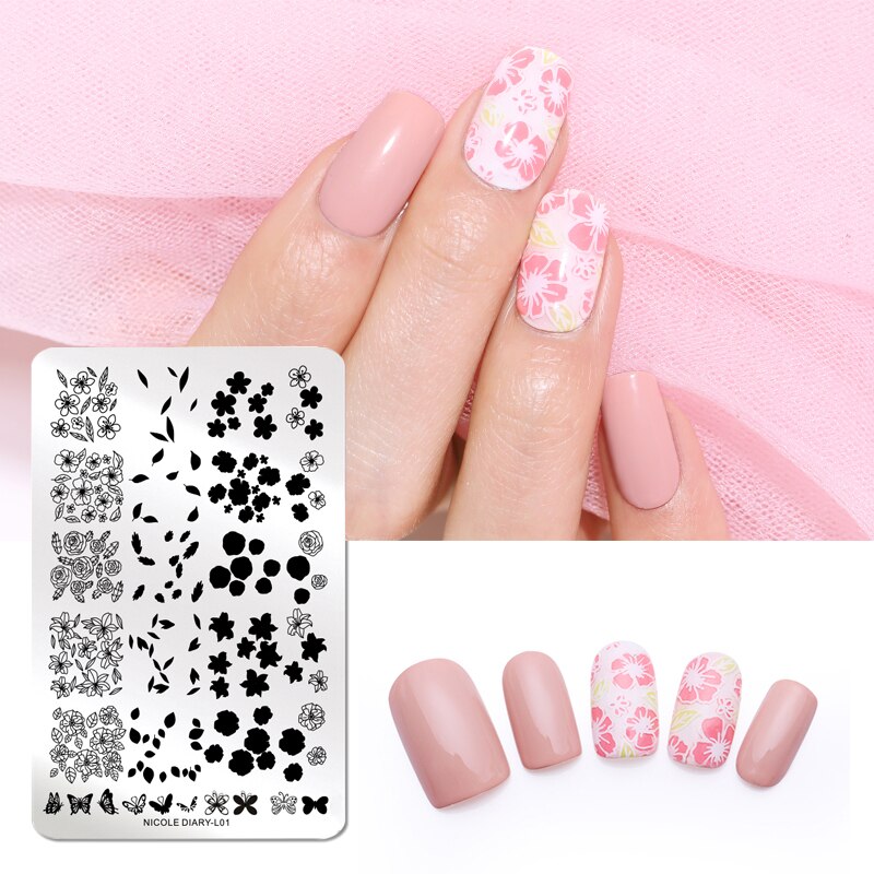Nicole Dagboek 1 Pcs Big Size Geometry Bloemen Nail Art Stempelen Platen Bloemen Afbeelding Gel Nail Template Stencils Stempel Tool: L01