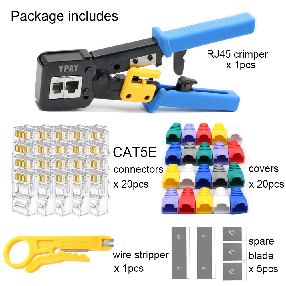 YPAY Rj45 Cable Crimping Tools Crimper Rg45 Ethernet Internet Network Pliers Rj12 CAT5 CAT6 Wire Stripper Clamp Multifunction: set B