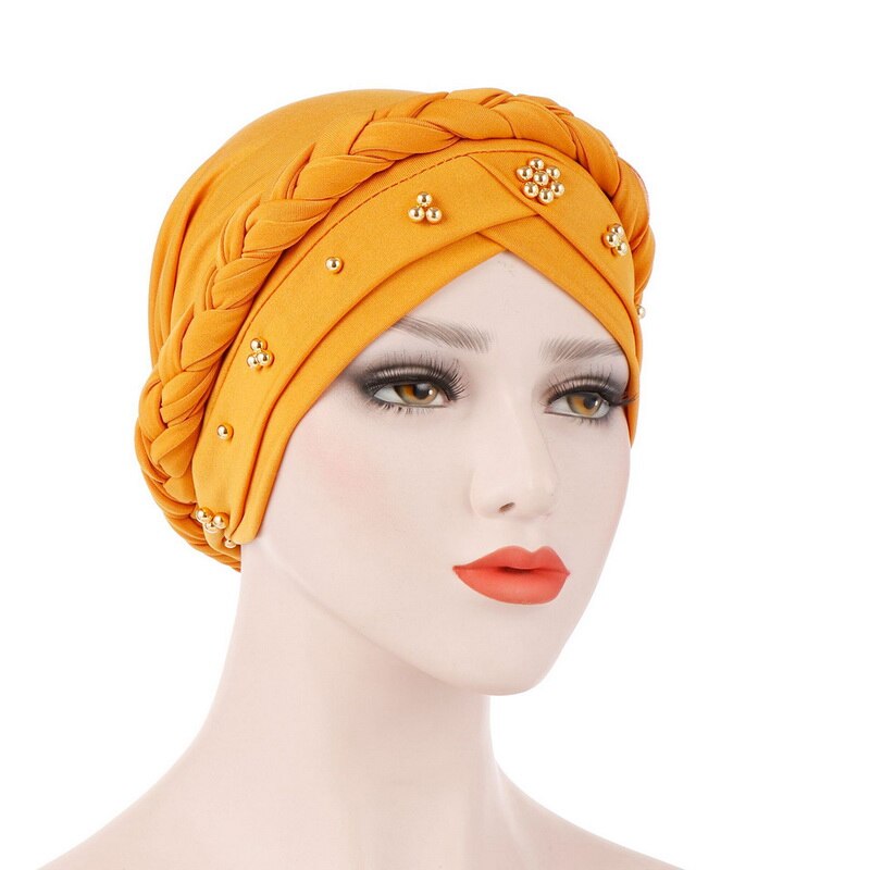 Kvinnor muslimska turban keps enfärgad bandanas pärlstav fläta pärlor dekor hatt: 3