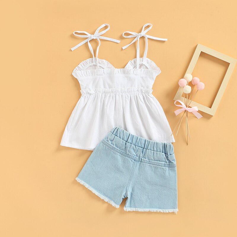 1-6Y Fashion Toddler Baby Girls Summer Clothes Sets Solid Sleeveless Ruffle Tops Ripped Denim Shorts 2pcs Kid Outfit