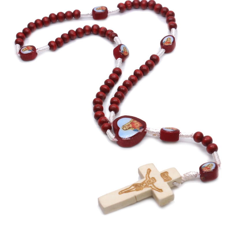 Houten Kralen Rozenkrans Ketting Kruis Hanger Katholieke Virgin Religieuze Jesus Charm