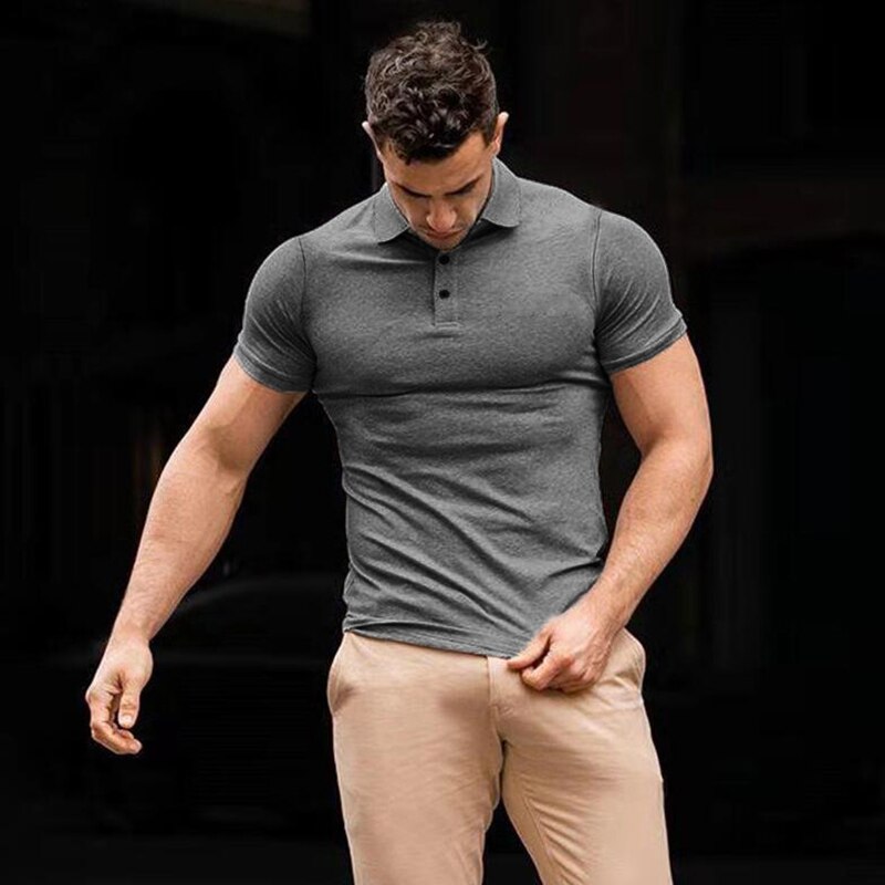 Running T-shirt Men Sports Short Sleeve Polo Shirts Summer Slim Fit Turn Collar Gym Bodybuilding Fitness Polo Shirt plus size: Dark Grey / M