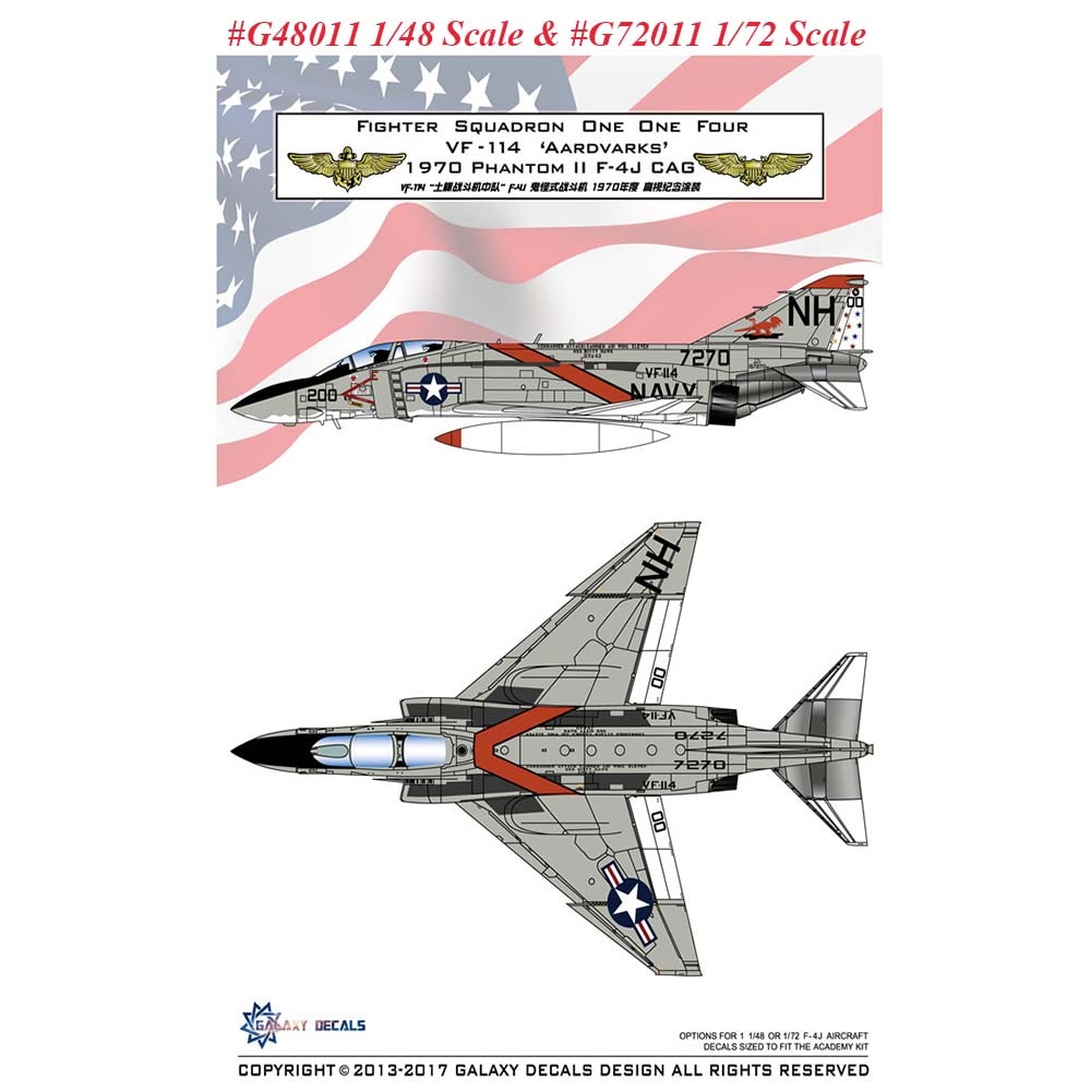 GALAXY G48011 G72011 1/48 1/72 Scale F-4J VF-114 Aardvarks 1970 Decal for Academy Airplane Model
