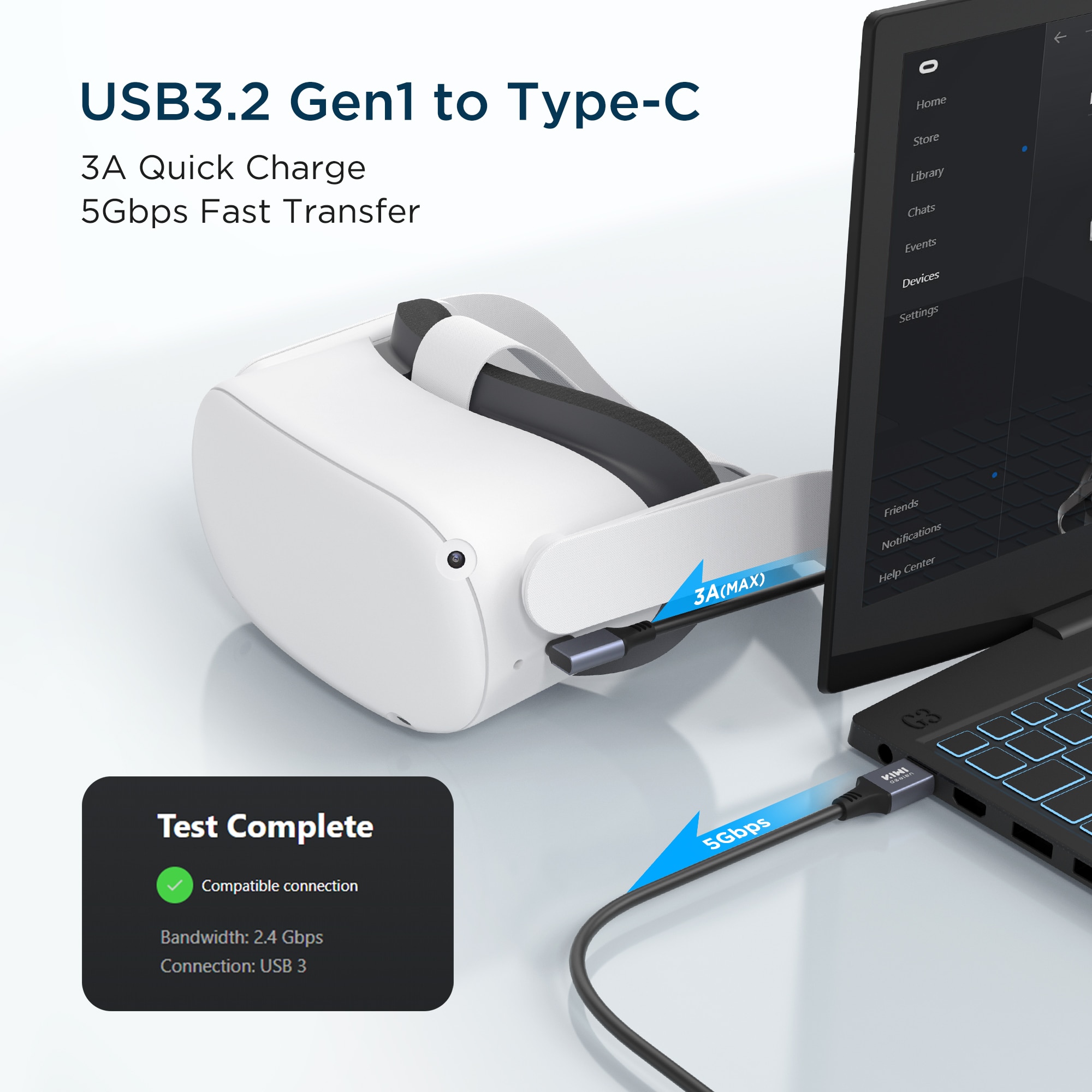 Kiwi Oculus Quest/ Quest 2 Bijgewerkt 6M USB3.2 Naar Type C Quest Link Kabel High Speed Data transfer