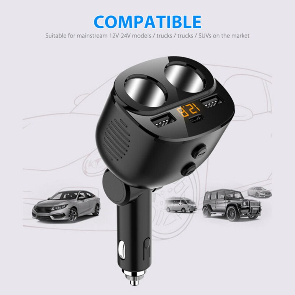 2 Way Car Cigar Lighter Socket Splitter Dual USB + Type-C 12V Power Adapter Made Of Material
