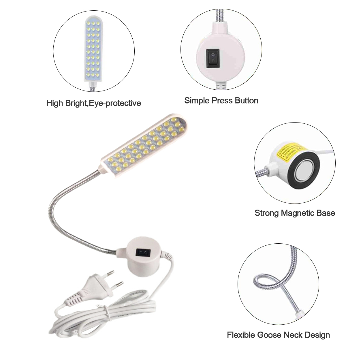 Industriële Geleide Licht 1w 2w 3w Flexibele Werklicht Adsorbed Basisarm Gooseneck Werken Eu/Us Plug Hanger Magnetische Naaimachine
