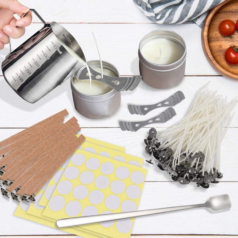 DIY Candle Making Set, 550Ml Pouring Pot with Scale+100Pcs Candle Wicks+20Pcs Wood Natural Candle Wicks with Metal Stands+100Pcs
