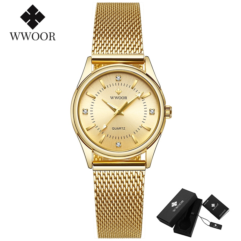 Woor luksus mærke kjole guldur dame diamant små quartz armbåndsure til kvinder stål mesh ur zegarek damski