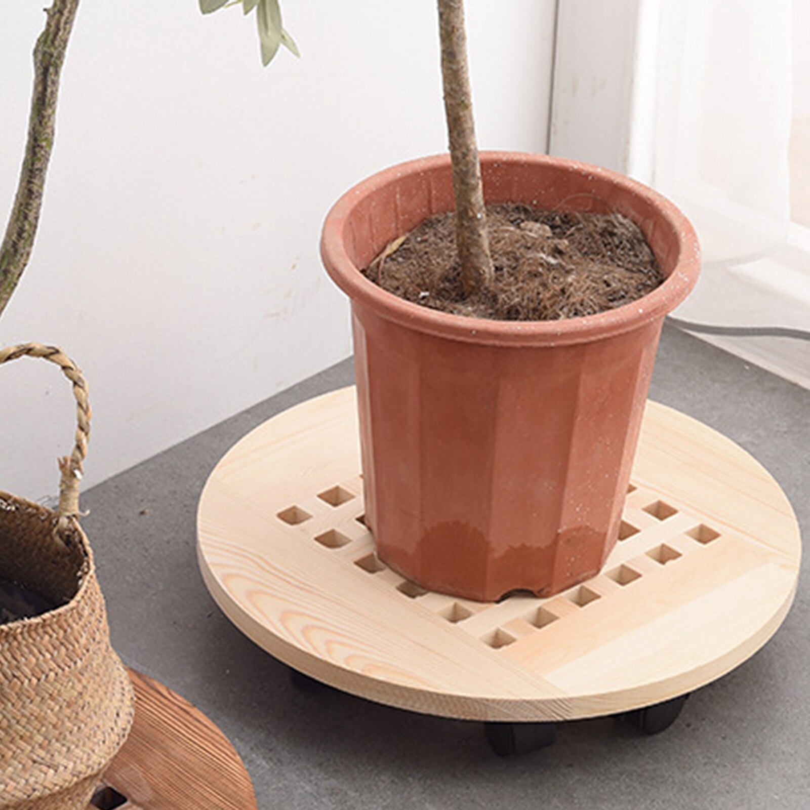 Wood Flower Pot Removable Tray Plant Holder Stand Base with Wheels Planter Flowers Pot Mover Trolley Plate Stand Gard