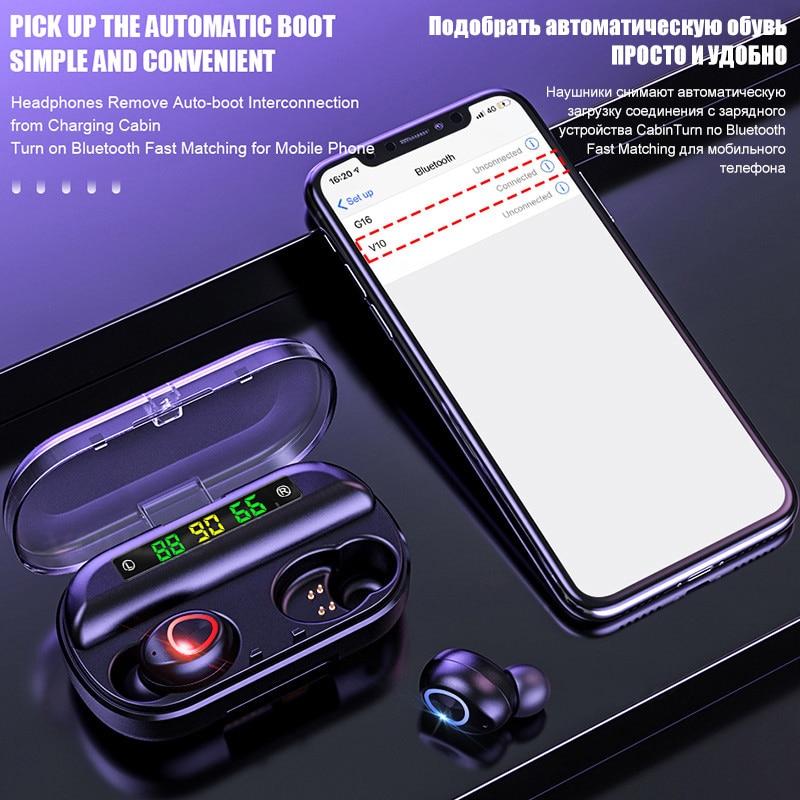 HKFZ Wireless Earphone Bluetooth V5.0 Sports Wireless Headphone LED Display Touch Control Stereo Earbuds with Microphone Headset