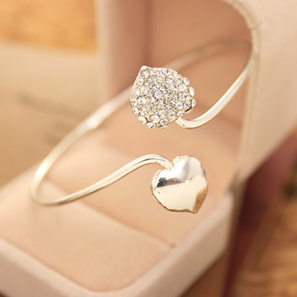 Gold Silver Color Open Bangles for Women Double Heart Crystal Rhinestone Cuff Bracelet Charm Jewelry Adjustable