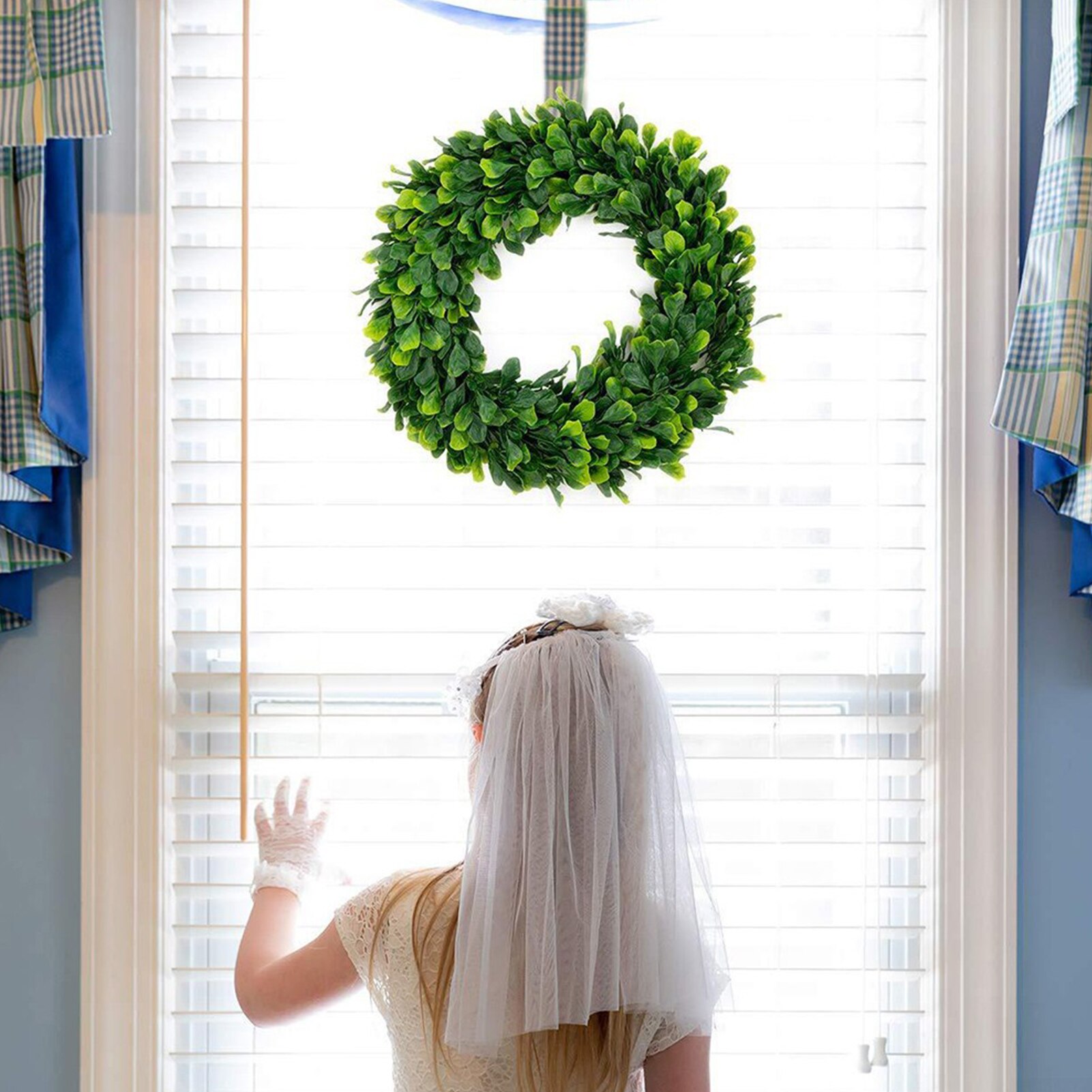 Kunstmatige Groene Bladeren Krans 42Cm Buxus Krans Outdoor Groene Krans Voor Voordeur Muur Raam Party Wedding Decor