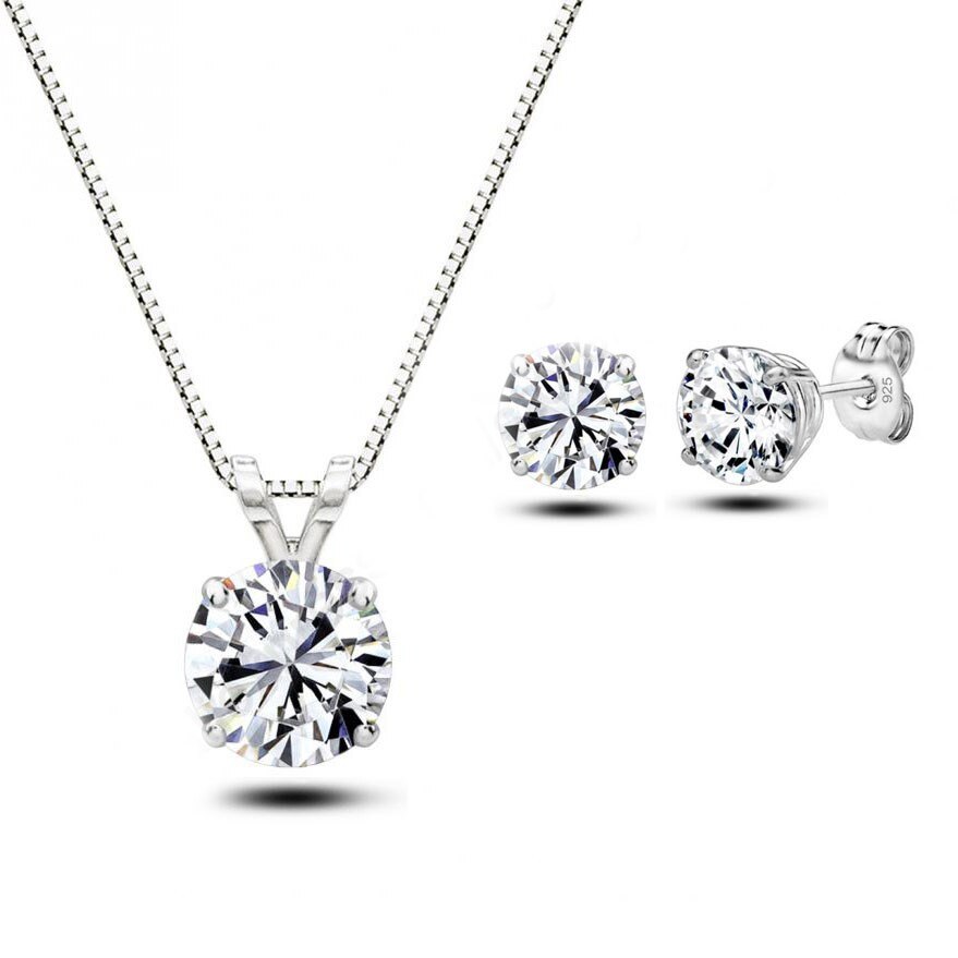 925 Sterling Zilver Vrouwen/Meisje Cz Ketting + Oorbellen Bruiloft Sieraden Sets