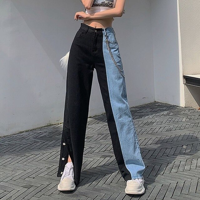 Taille haute femmes jean fendu vêtements large jambe jean été Vintage jean femme pantalons longs Cowboy femme vêtements de rue en vrac: Blue 36PDD / M