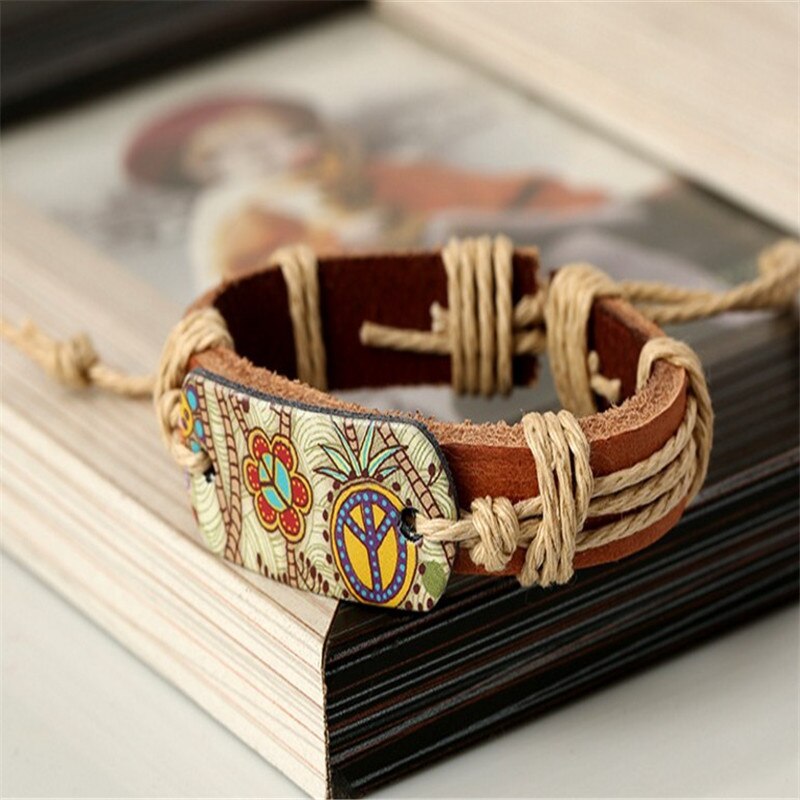 bracelets pour femme Hippie Rétro Réglable En Cuir Bracelet Bijoux Faits À La Main Pour Les Femmes Fleur Imprimé Corde