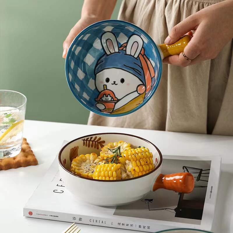 Cuenco de cerámica de un solo Mango, cuenco de fideos con de cuento de hadas de dibujos animados, cuenco grande, cuenco para restaurante, decoración del hogar