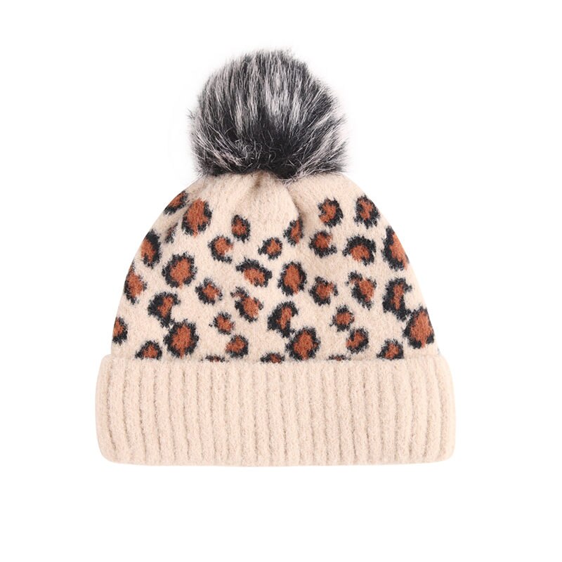 Women’s Winter Knit Hat Cap Adults Winter Warm Classic Leopard Print Beanie Cap with Big Faux Fur Pom Ladies Knitted Bomber Hats: F