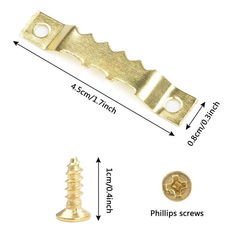 100 Pieces Picture Frame Hanging Sawtooth Hangers Kits Double Hole 200 Head Screws Wall Mounting Golden