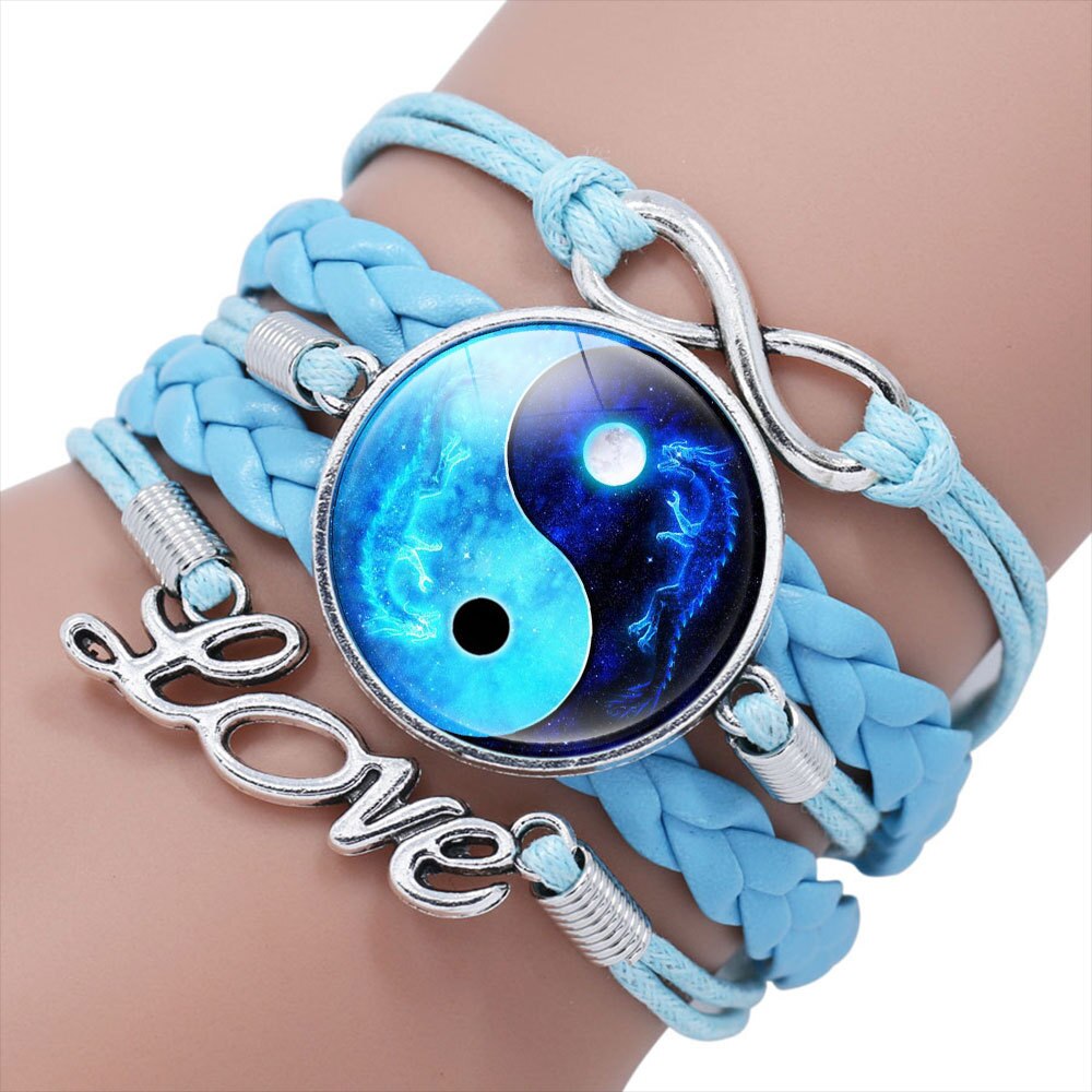 Tai Chi Decor PU Bracelet Yin-Yang Tai Ji Multi-Layer Alloy Wrist Jewelry Knitting Rope Adjustable Length for Men Women AUG889