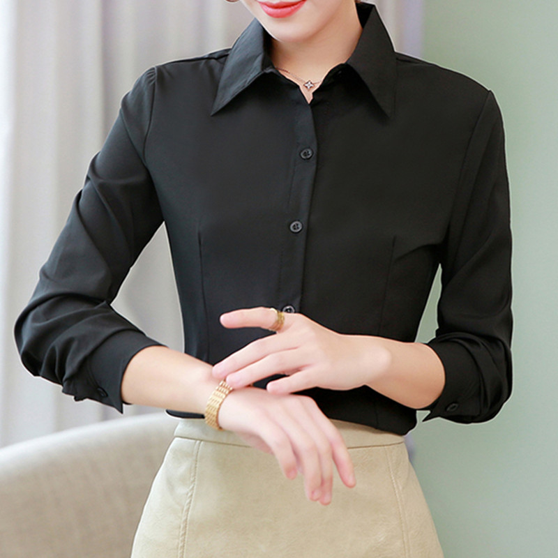Elegante Vrouwen Shirts Vrouw Wit Shirt Lange Mouw Blouse Kantoor Dame Zakelijke Roze Shirts Button Solid Vrouwen Werk Blouses Tops: 5XL / Black