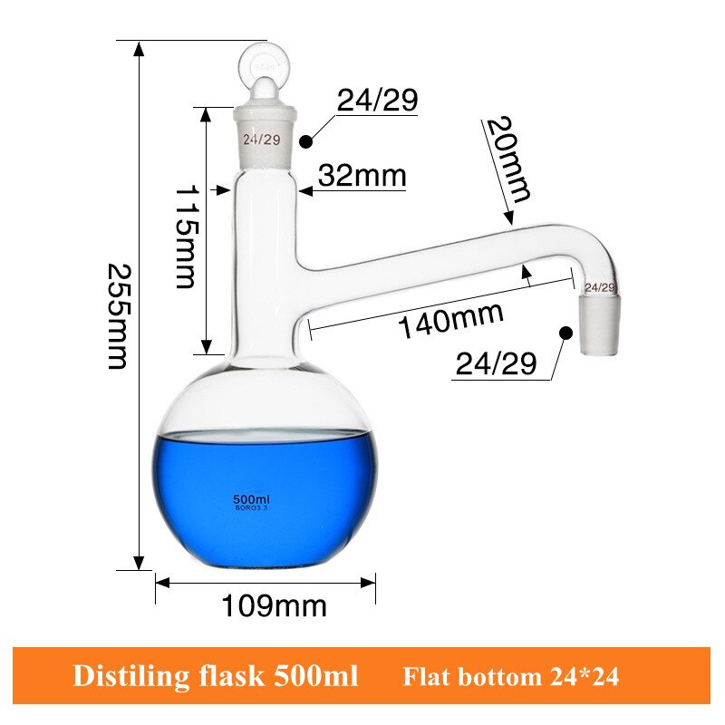 Matraz de destilación de 500 mL, frasco de vidrio, uso para hacer agua destilada, extracción de aceite esencial, cristalería de Laboratorio 1/PK