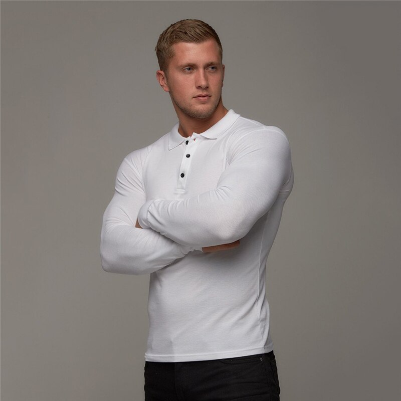 Vår høst poloskjorte herre bomull slank passe polo menn vanlig treningsstudio Fitness pustende virksomhet langermet poloskjorte: Hvit / Xl