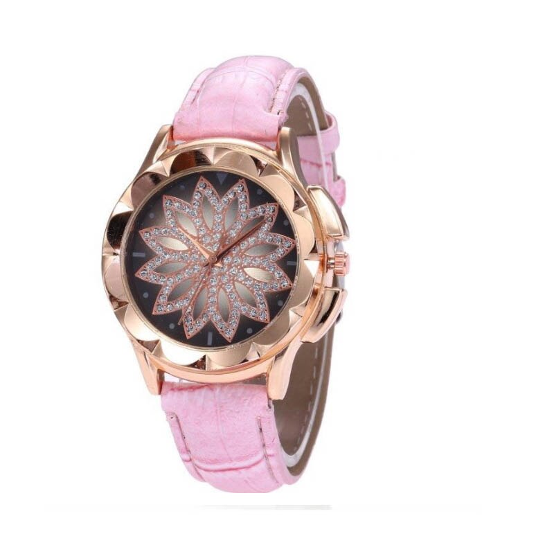 Luxe dames armbandhorloge leren band polshorloge bloem kristal strass quartz horloges casual damesklok: Roze