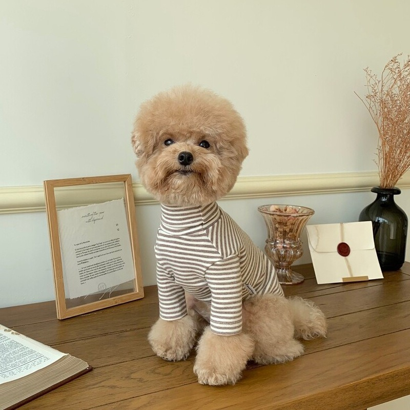 Coffee Strips Pet Dog Clothes for Chihuahua High Collar Autumn Warm Cat Sweatshirt Overalls Soft Velvet Cat Puppy Bottom T Shirt