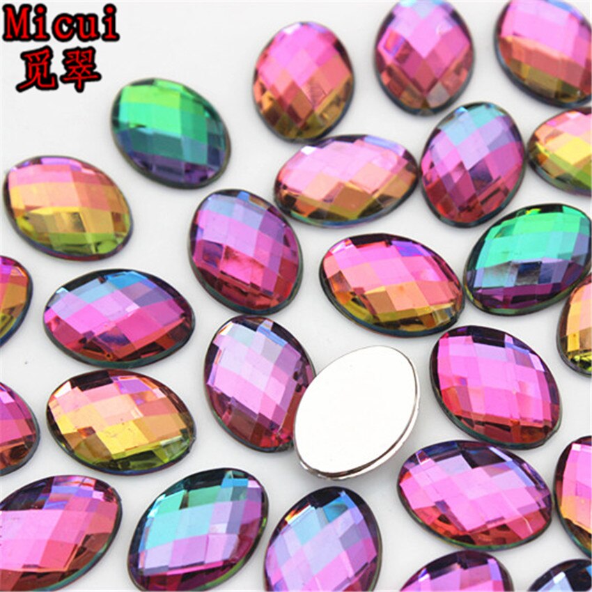 Micui 100Pcs 10*14mm Oval Shape Flat Back Rhinestone Applique Acrylic Stone Crystals Non Hotfix Crafts Jewelry Accessories MC772