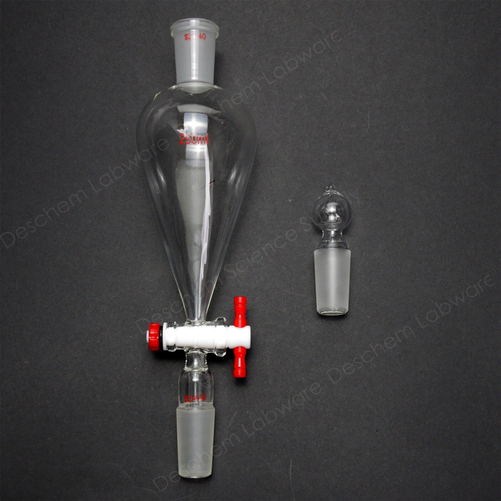 250ml,24/40,Lab Glass Pyriform Separatory Funnel,Pear Shape,PTFE Stopcock