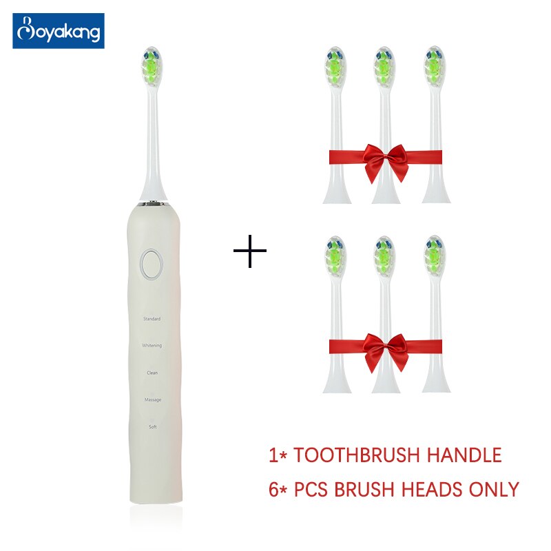 Boyakang Ultrasonic Vibration Electric Toothbrush 5 Modes Smart Timing IPX8 Waterproof Dupont Bristles USB Charging BYK27: Ivory