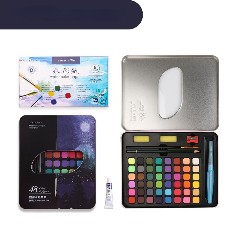 36,48-color Solid Watercolor Paint Tin Box Set for Beginners Art Supplies Gouache Paint: 3048black