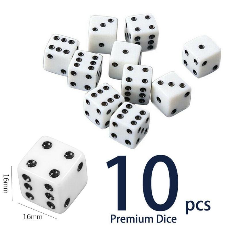 16mm Opaque White Spot Dice – 10-Pack – Six Sided Game Dice – Playing Toys