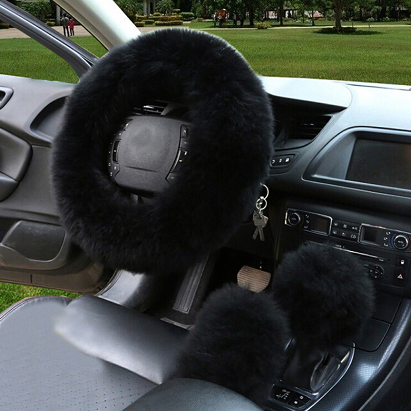 Bil lang plys varm rattæppe uld håndbremse universal 3 stk / sæt kunstig pels auto interiør ratdæksler: Sort