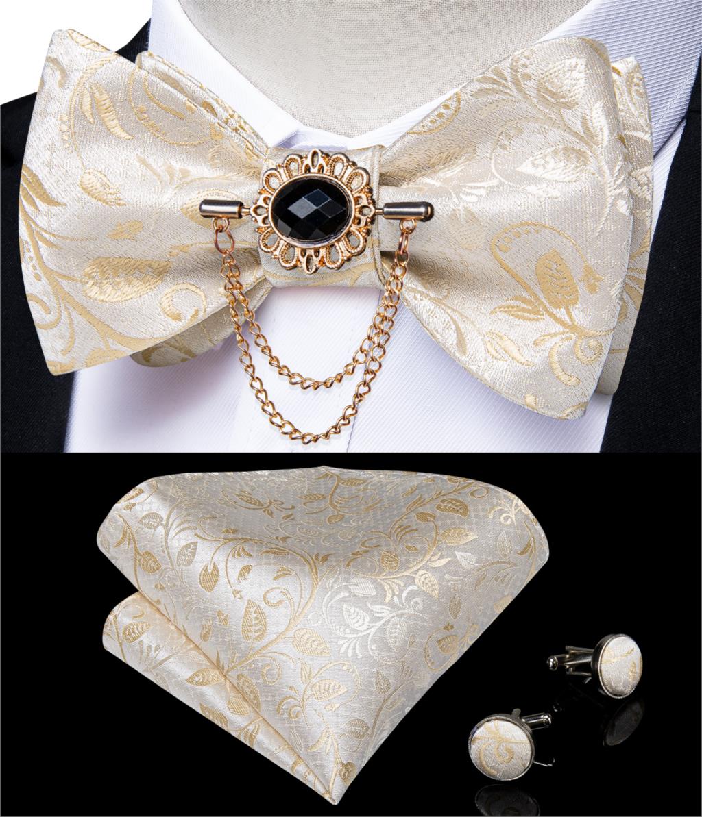 Luxury Gold Black Paisley Self Tie Men&#39;s Bow Tie Silk Woven Wedding Party Butterfly Ties Hanky Brooch Pin Set Tuxedo Bow DiBanGu: HL-3008-0009