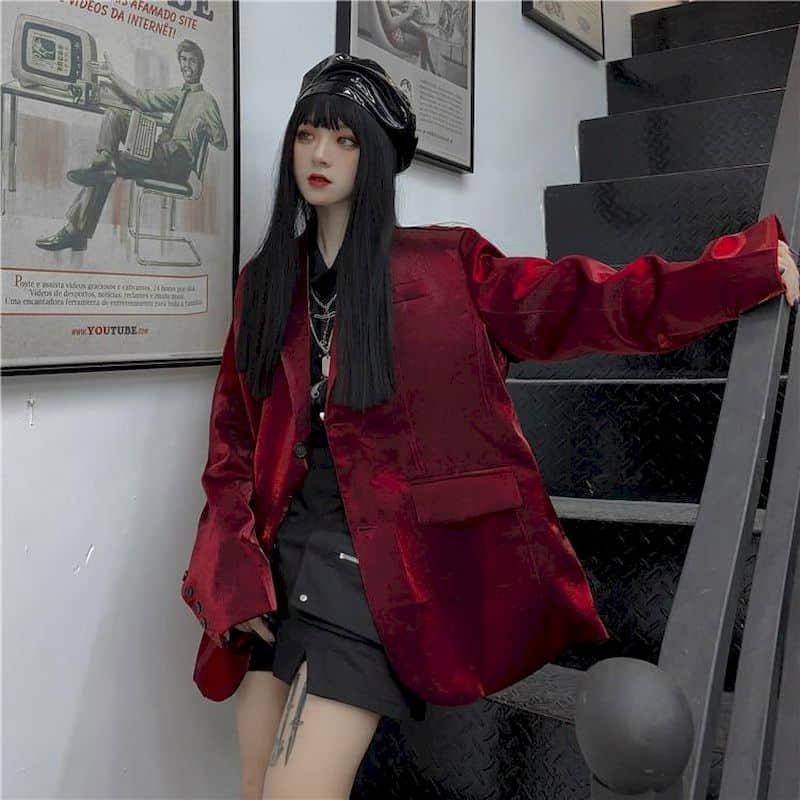 Bourgondië Blazer Vrouwen Top Crimson Bright Zijden Pak Vrouwelijke Koreaanse Stijl Persoonlijkheid Westerse Modieuze Netto Rode Top Losse Jas