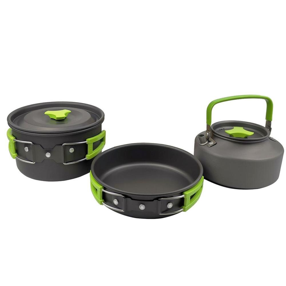 Camping Kookgerei Kit Outdoor Aluminium Koken Set Waterkoker Pan Pot Reizen Wandelen Picknick Bbq Servies Apparatuur: green